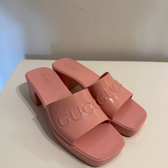 Gucci Rubber Logo Platform Slide Sandals Shoes Wild Rose Pink - Picture 1 of 8